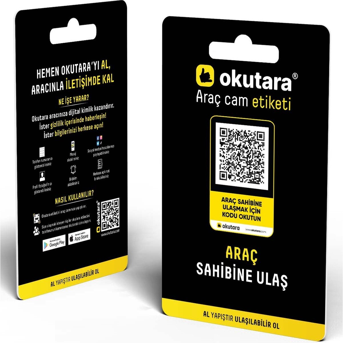 Okutara Araç Cam Etiketi(Qr Kimlik) - Telefon, Sosyal Medya Vb. Iletişim Bilgilerini Aç/kapa (3'lü Set)