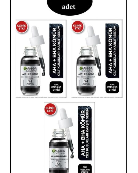 Kömür Cilt Kusurları Siyah Nokta Karşıtı Siyah Serum Peeling Etkili Aha Bha 30ml. X 3 ADET