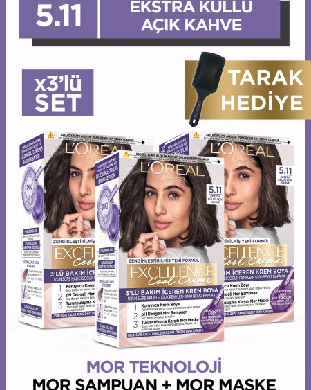 Excellence Cool Creme Saç Boyası – 5.11 Ekstra Küllü Açık Kahve 3'lü Set