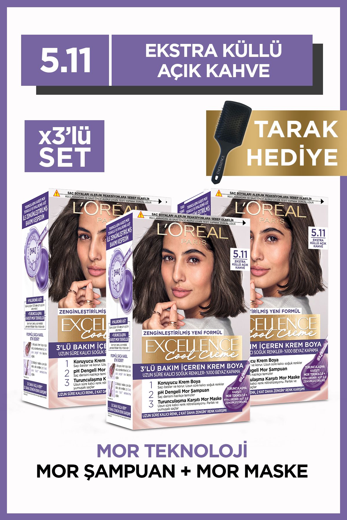Excellence Cool Creme Saç Boyası – 5.11 Ekstra Küllü Açık Kahve 3'lü Set