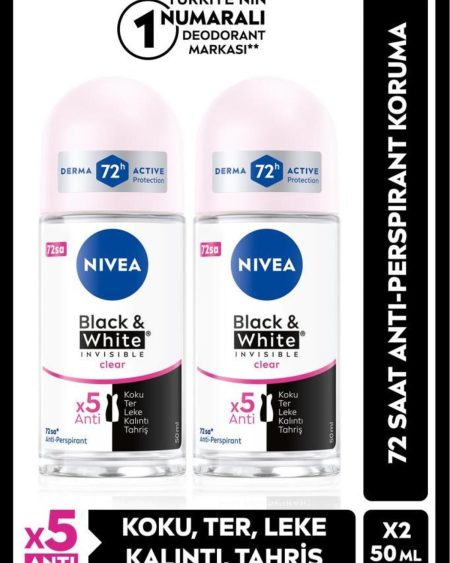 Kadın Roll-on Deodorant Black&white Invisible Clear 50ml, 72 Saat Anti-perspirant, X2 Adet
