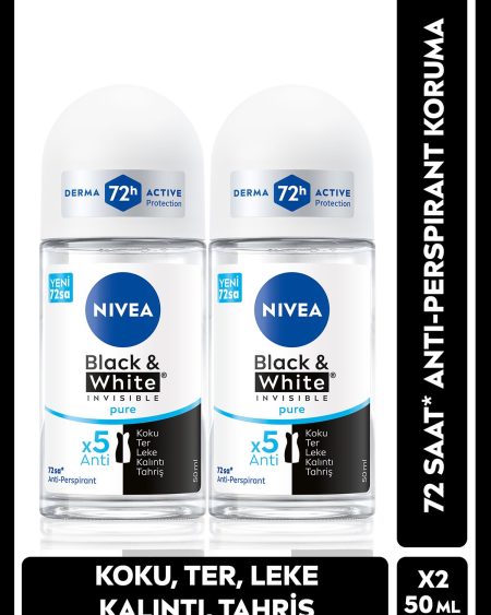 Kadın Roll-on Deodorant Black&White Invisible Pure 50ml, 72 Saat Anti-perspirant Ter Koruma, X2 Adet