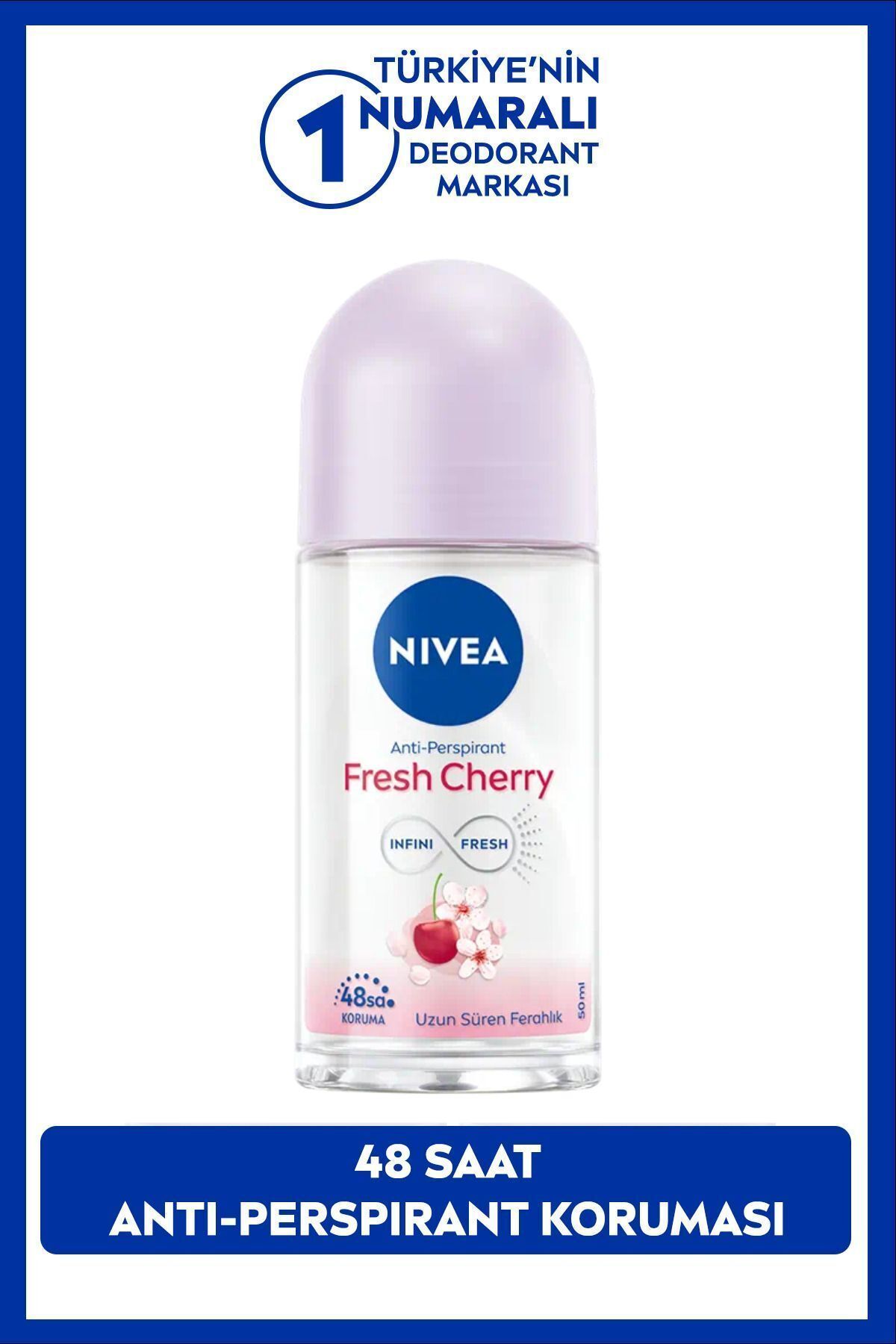 Kadın Roll-on Deodorant Fresh Cherry 50ml, Gün Boyu Ferahlık, Kiraz Kokusu, 48 Saat Ter Koruması