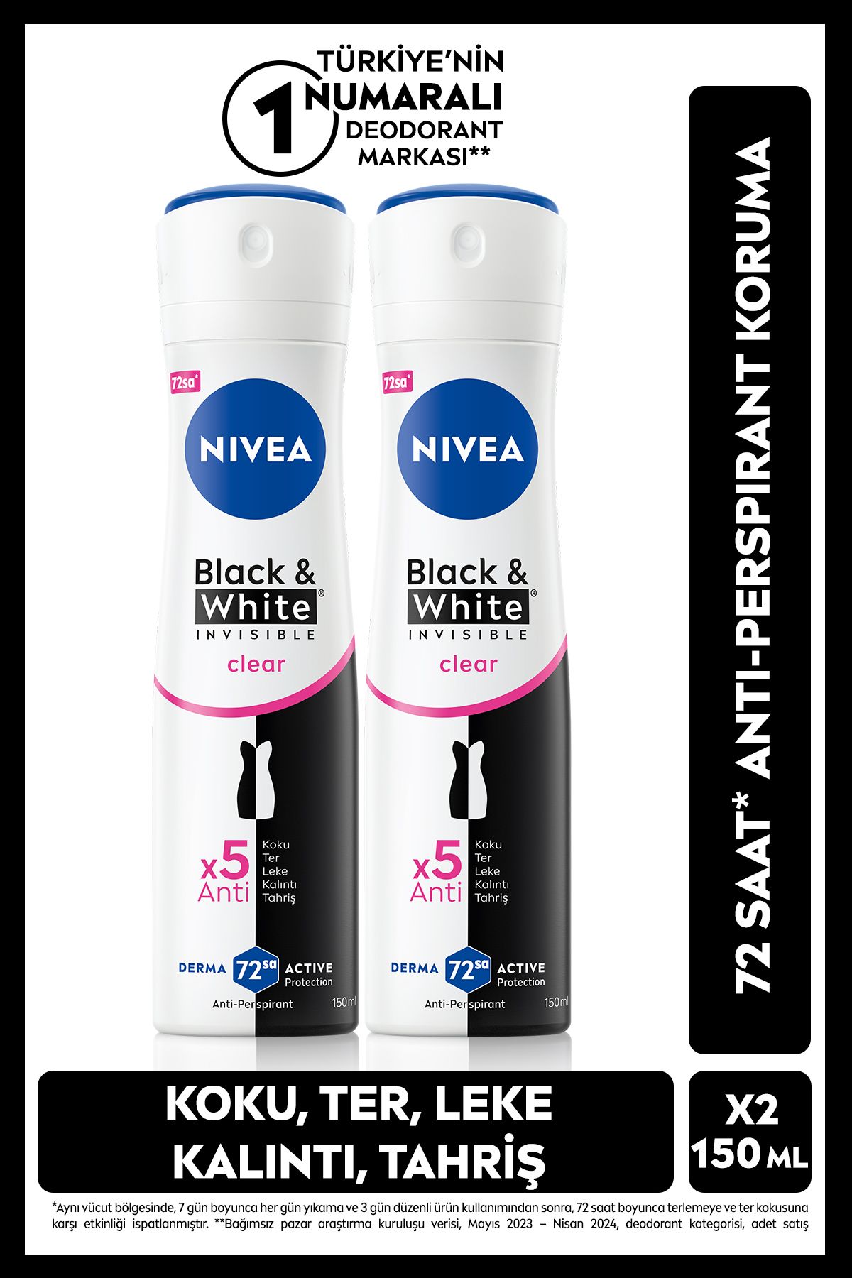 Kadın Sprey Deodorant Black&white Clear 150ml, 72 Saat Anti-perspirant Ter Koruması, X2 Adet