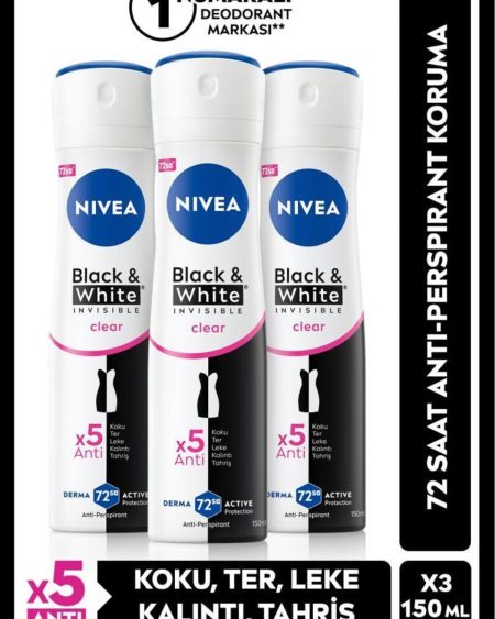 Kadın Sprey Deodorant Black&White Invisible Clear 150ml, 72 Saat Anti-perspirant Koruma, X3 Adet