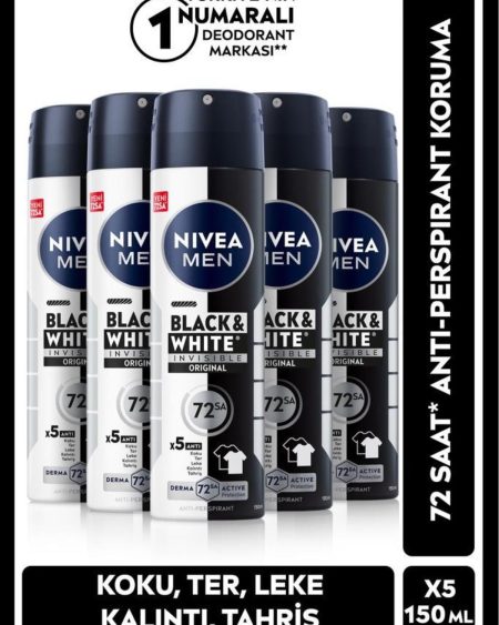 Men Erkeak Sprey Deodorant Black & White Invisible Original 150ml, 72 Saat Anti-perspirant, X5 Adet