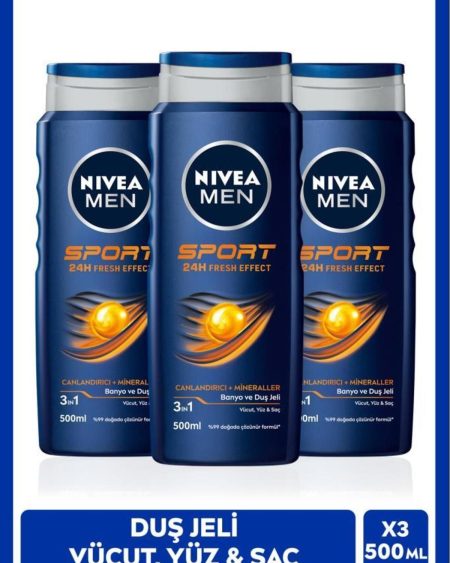 Men Erkek Canlandırıcı Banyo Ve Duş Jeli Sports 500ml, Vücut Yüz Saç, Yenileyici Mineral, X3 Adet