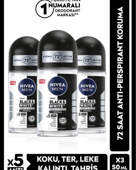 Men Erkek Roll-on Deodorant Black&white Original 50ml, 48 Saat Koruma, X3 Adet