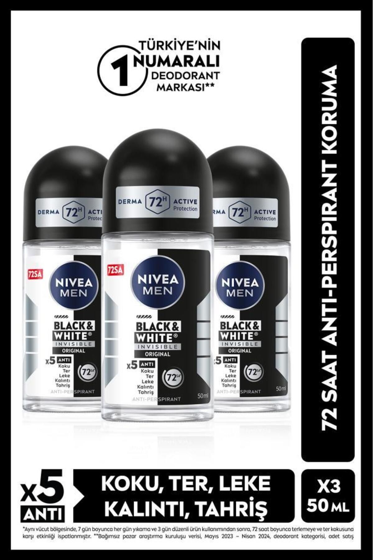 Men Erkek Roll-on Deodorant Black&white Original 50ml, 48 Saat Koruma, X3 Adet