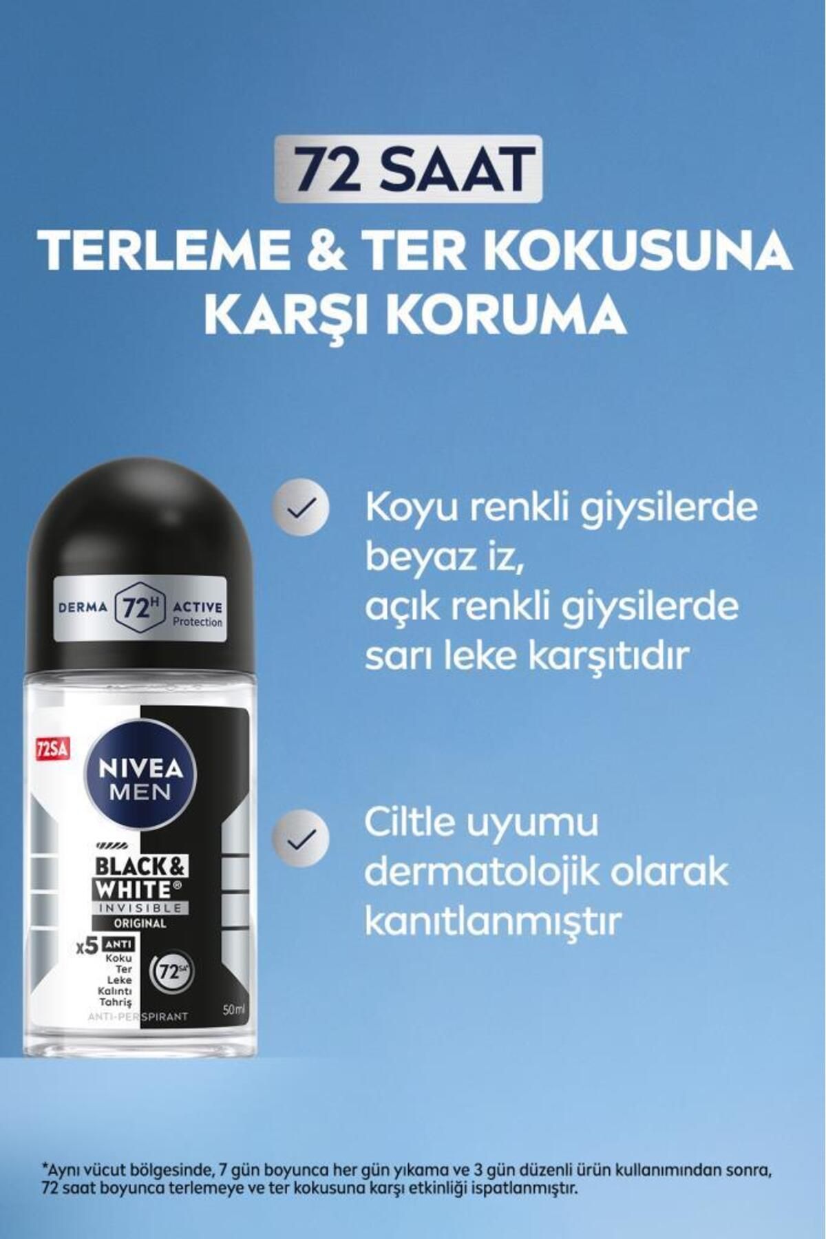 Men Erkek Roll-on Deodorant Black&white Original 50ml, 48 Saat Koruma, X3 Adet - Görsel 2