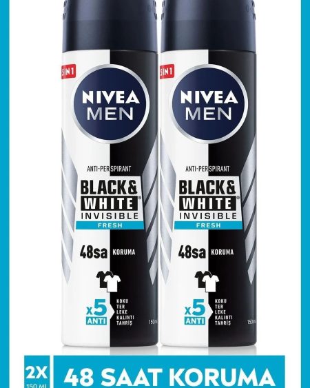 Men Erkek Sprey Deodorant Black & White Invisible Fresh 150 ml 48 SAAT KORUMA * 2 ADET