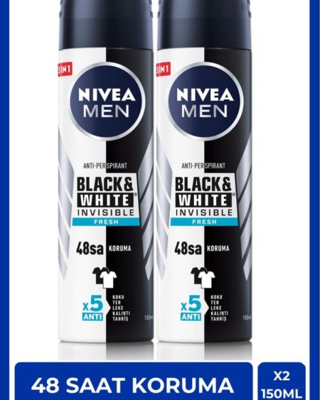 Men Erkek Sprey Deodorant Black&white Invisible Fresh 150ml, 48 Saat Anti-perspirant Koruma, X2 Adet
