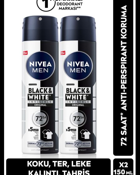 MEN Erkek Sprey Deodorant Black&White Invisible Original 150ml, 72 Saat Anti-perspirant, X2 Adet