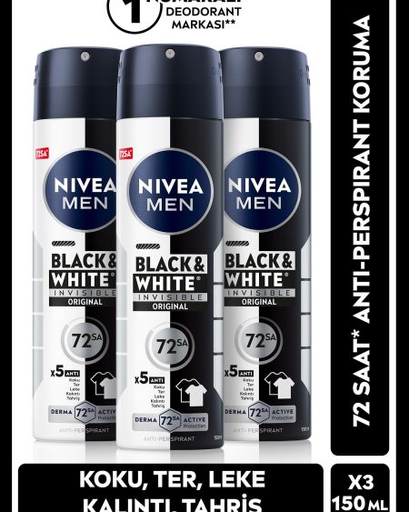 MEN Erkek Sprey Deodorant Black&White Invisible Original 150ml,72 Saat Anti-Perspirant,X3 Adet