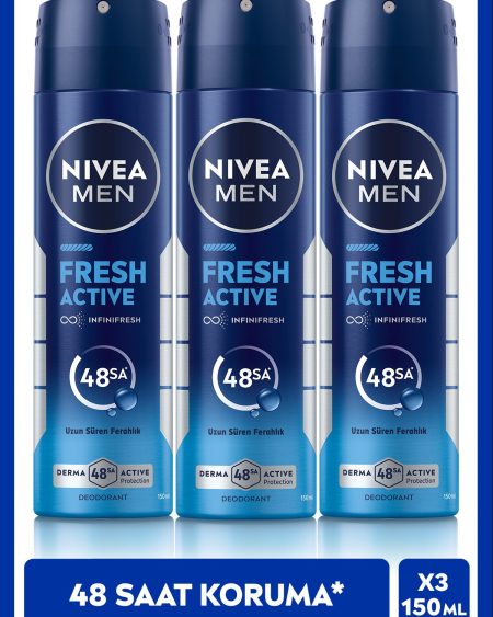 MEN Erkek Sprey Deodorant Fresh Active 150ml, Ter Kokusuna Karşı 48 Saat Koruma, Pudrasız, X3 Adet