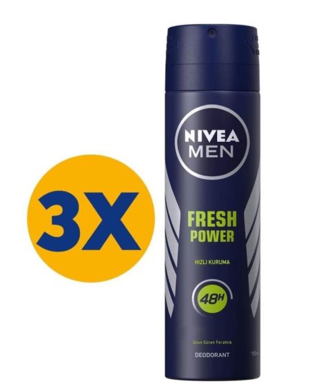 MEN Erkek Sprey Deodorant Fresh Power 150ml, Ter Korumasına Karşı 48 Saat Koruma, X3 Adet