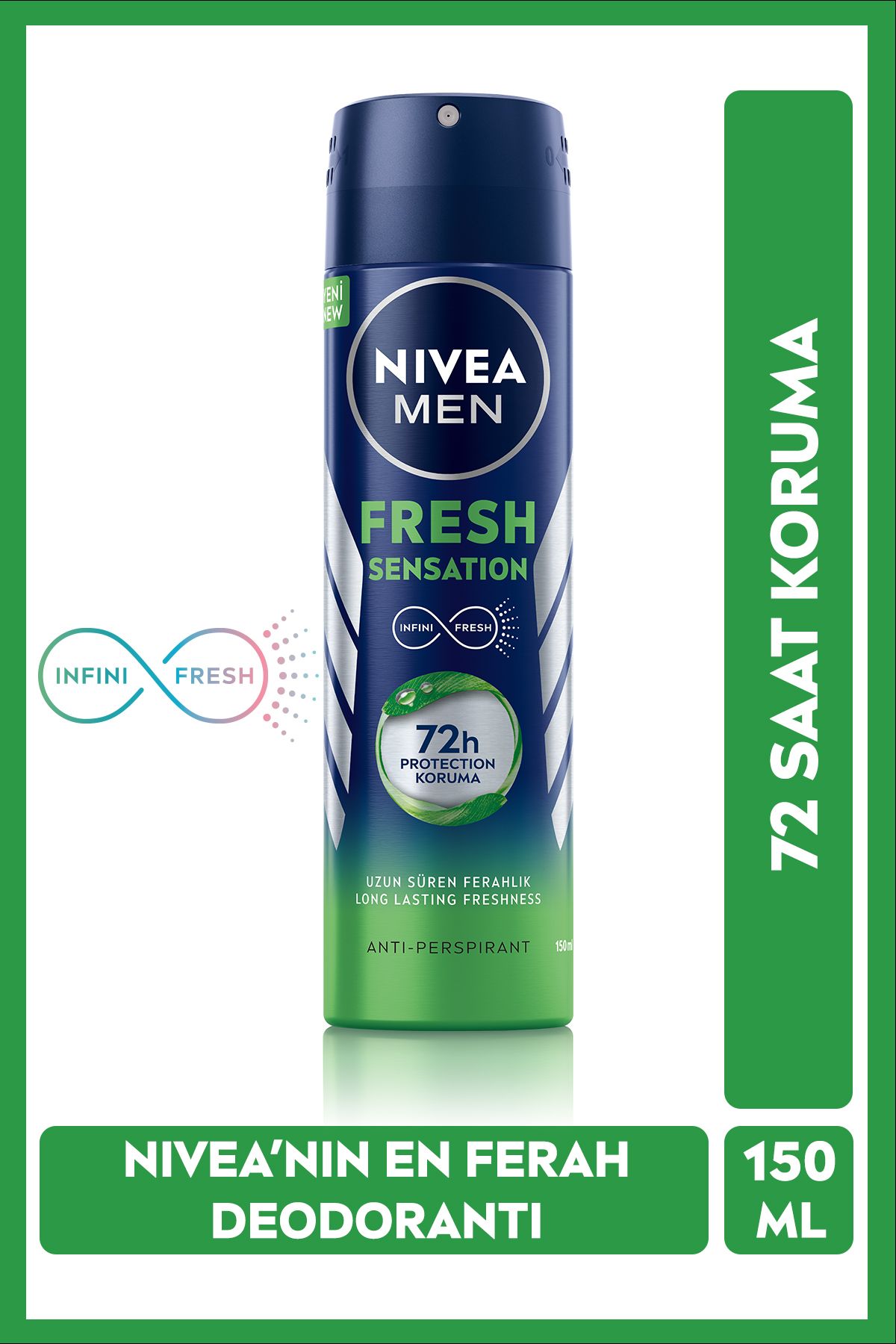 Men Erkek Sprey Deodorant Fresh Sensation 150ml, 72 Saat Anti-perspirant Koruma, Uzun Süreli Koruma