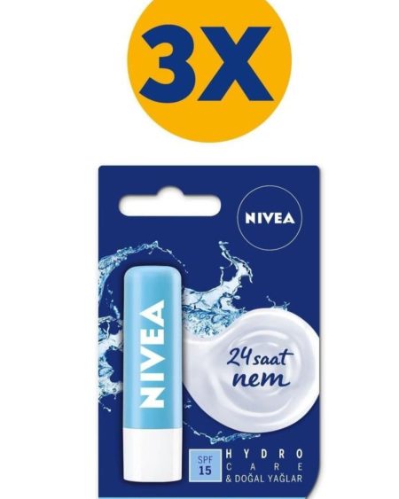 Renksiz Dudak Bakım Kremi Hydro Care 4.8gr, 24 Saat Nem, Spf15, Güneş Koruyucu, X3 Adet