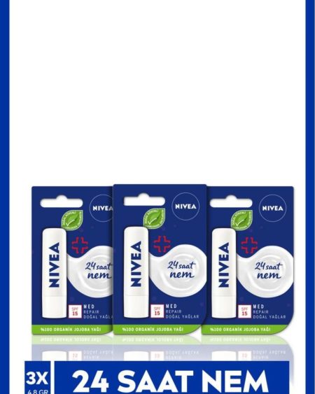 Renksiz Dudak Bakım Kremi Med Repair 4.8gr, 24 Saat Nem, Güneş Koruyucu, SPF15, X3 Adet