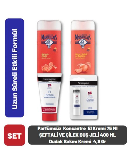 Duş Jeli Şeftali Ve Nektarin 400 Ml 2 Adet + Parfümsüz Konsantre El Kremi 75 Ml + Dudak Kremi 4,8gr