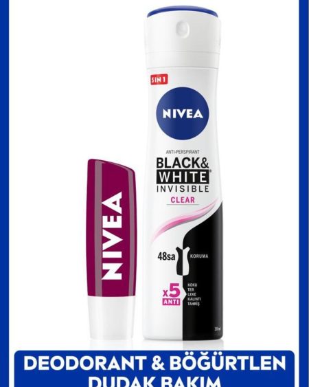 Kadın Sprey Deodorant Black&White Clear, 48 Saat Koruma ve Nemlendirici Böğürtlen Dudak Bakım Kremi