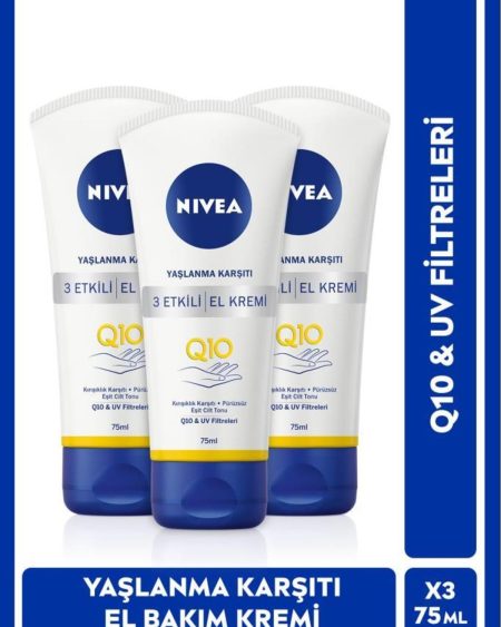 Q10 Yaşlanma Karşıtı 3 Etkili El Bakım Kremi 75ml, UV Filtresi, Nemlendirici, Eşit Cilt Tonu,X3 Adet