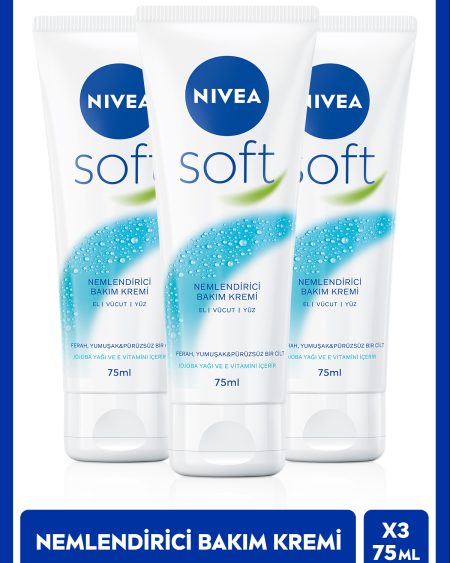 Soft Nemlendirici Bakım Kremi 75ml, Jojoba Yağı,E Vitamini, El Yüz Vücut, Yumuşak Canlı Cilt, 3 Adet