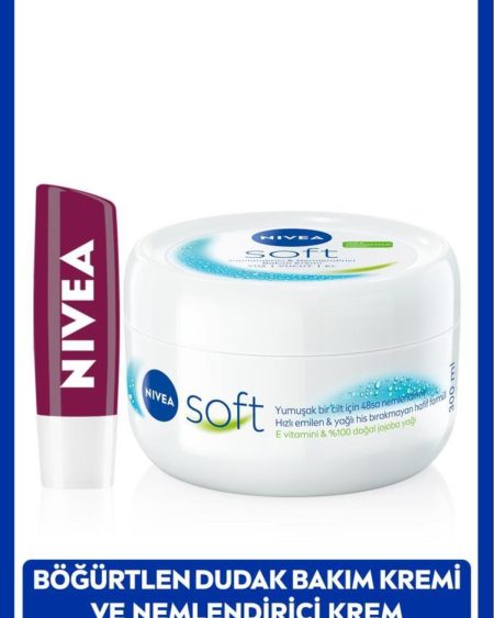 Soft Nemlendirici Vücut Kremi 300ml Ve Böğürtlen Dudak Bakım Kremi 4.8gr, Bordo Işıltı, Doğal Yağlar