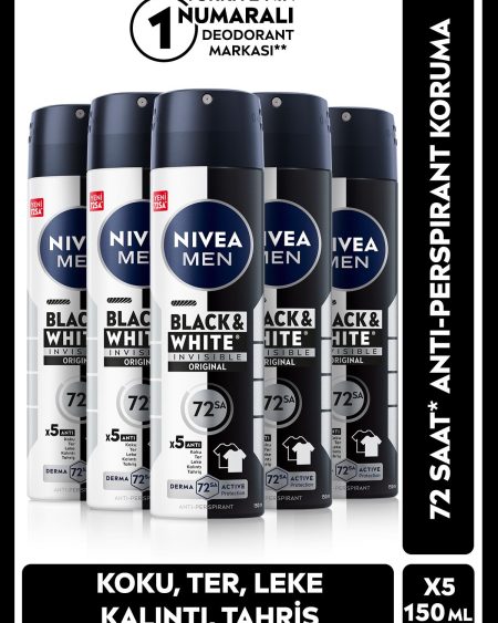 MEN Erkek Sprey Deodorant Black&white Invisible Original 150 ml,72 Saat Koruma, X5 Adet