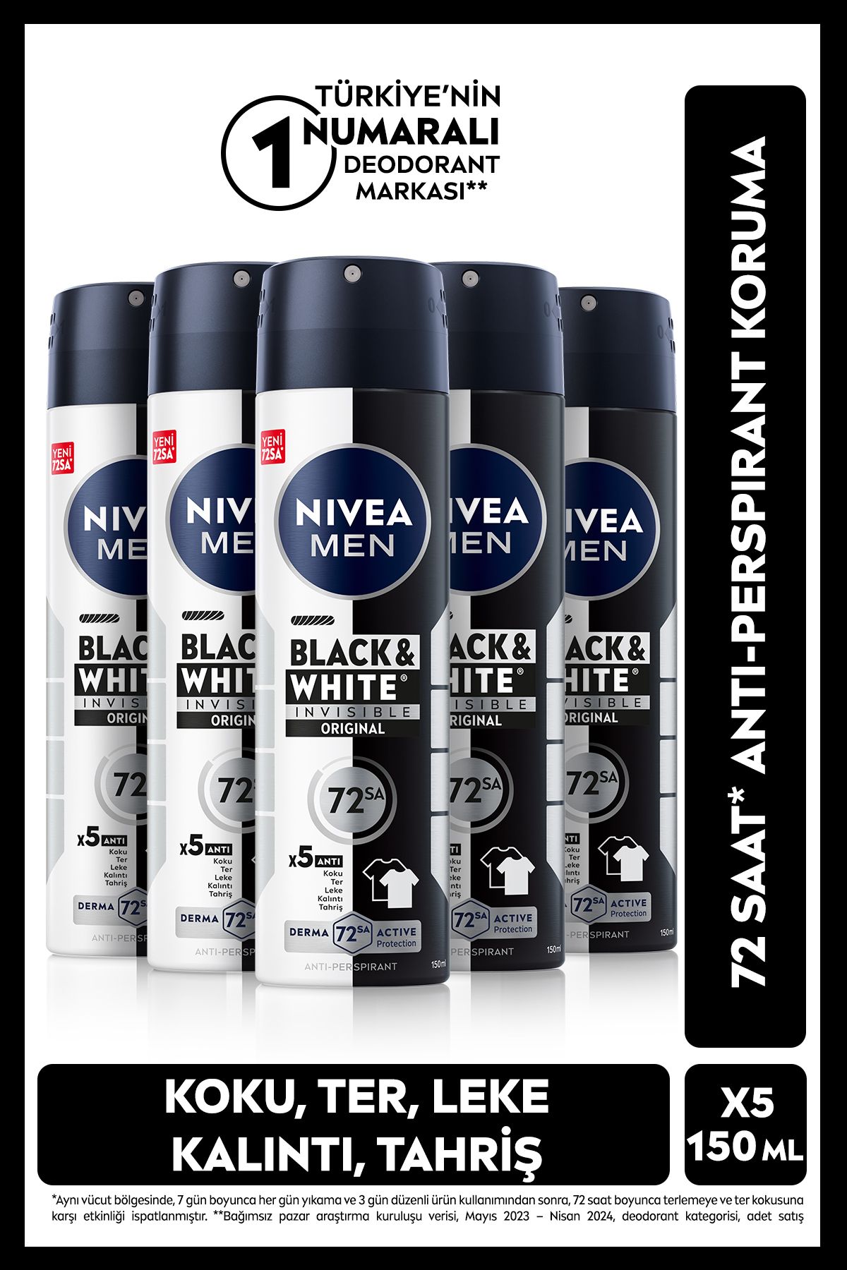 MEN Erkek Sprey Deodorant Black&white Invisible Original 150 ml,72 Saat Koruma, X5 Adet